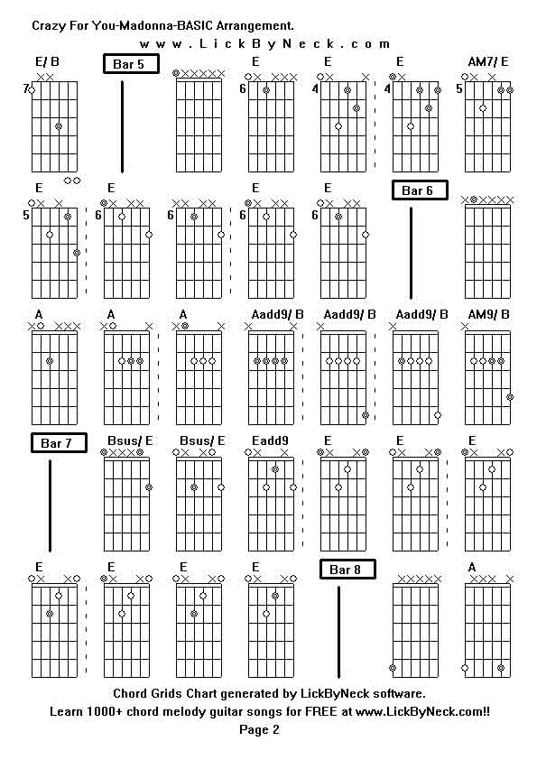 Chord Grids Chart of chord melody fingerstyle guitar song-Crazy For You-Madonna-BASIC Arrangement,generated by LickByNeck software.